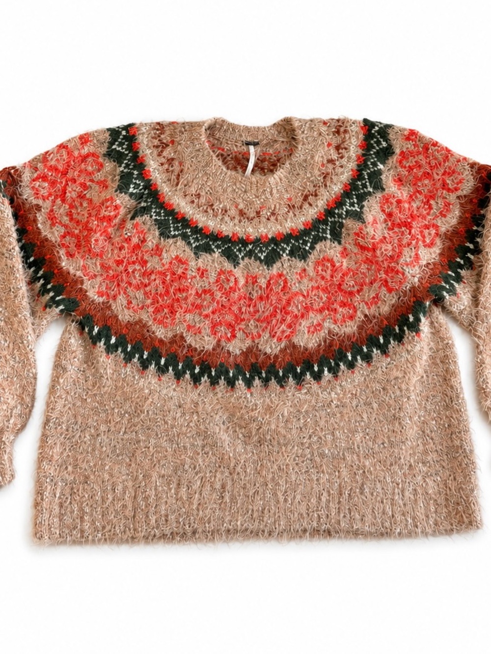 Free People Festive Frost Sweater Size S Eyelash Knit Fair Isle - Picture 3 of 11